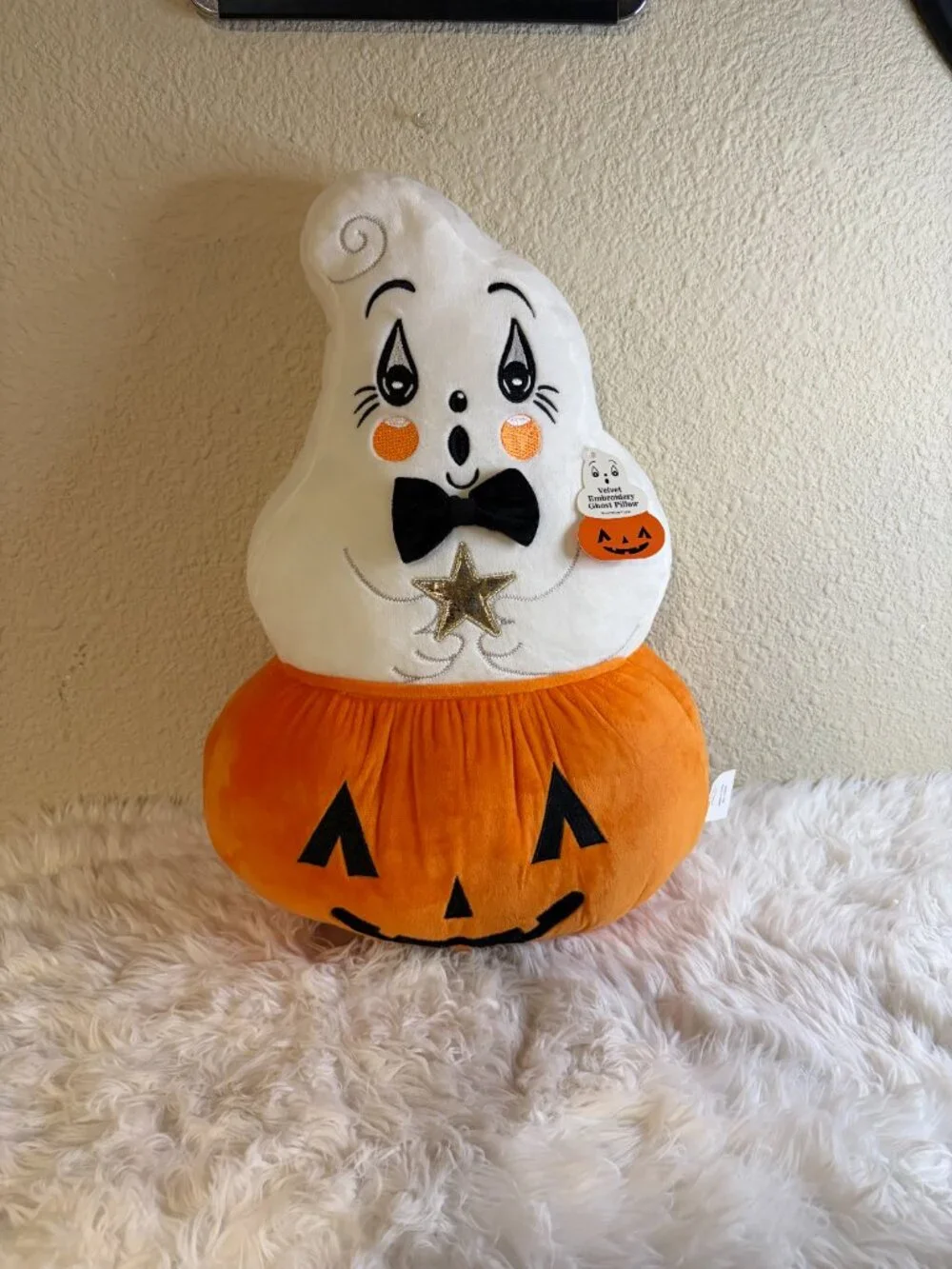 Halloween Ghost Pumpkin Velvet Embroidered Decorative Pillow 20x13 NWT